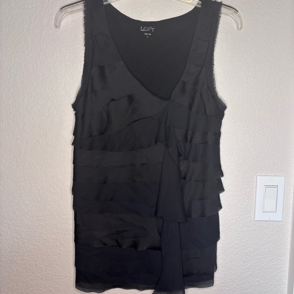 LOFT Women’s Elegant Black Layered Ruffled‎ Asymmetrical Top